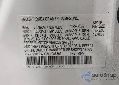 2020 Acura Mdx Standard из США, поврежденный, VIN 5J8YD4H37LL006363